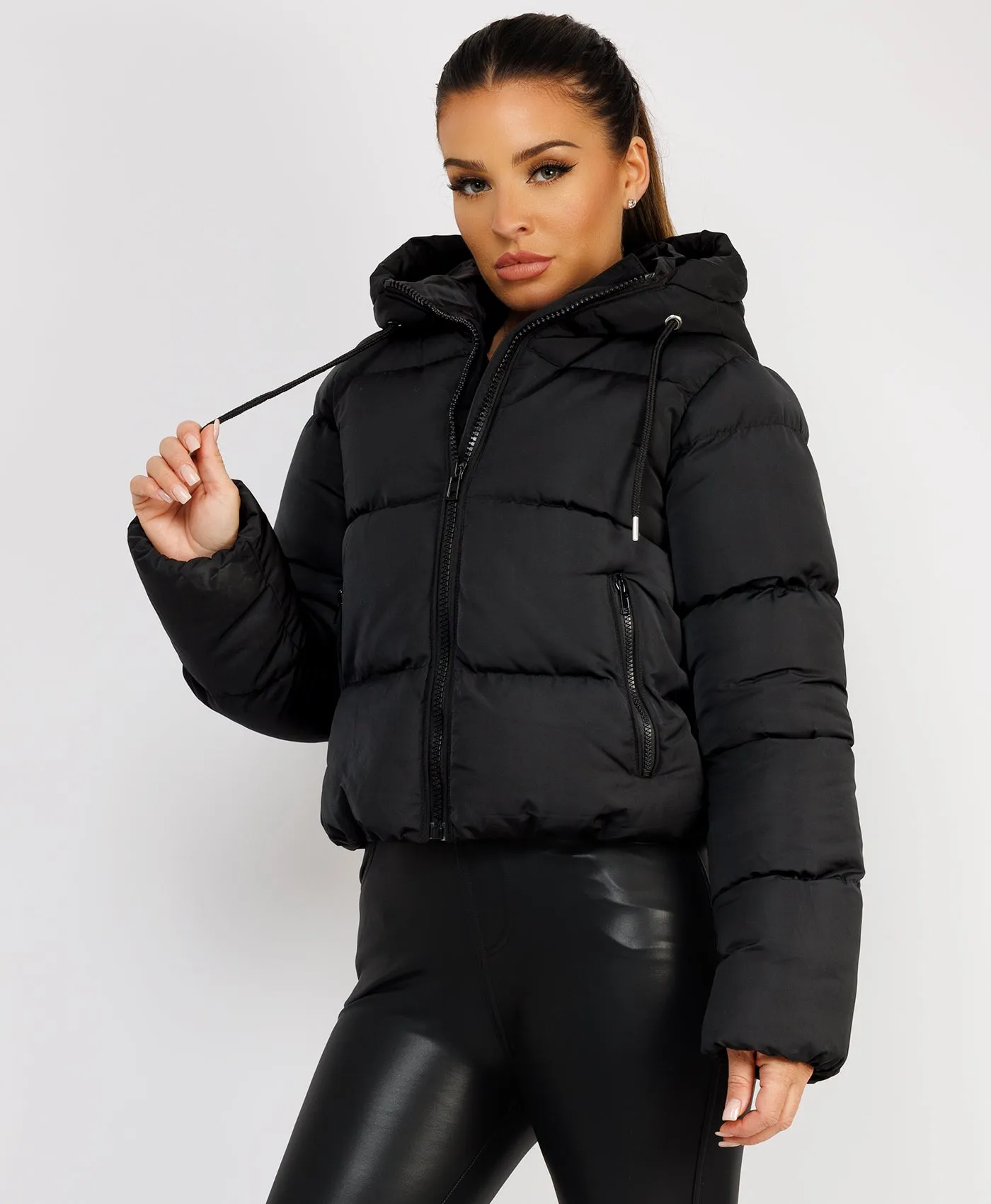 Black Alpine Quilted Padded Hooded Drawstring Puffer Jacket