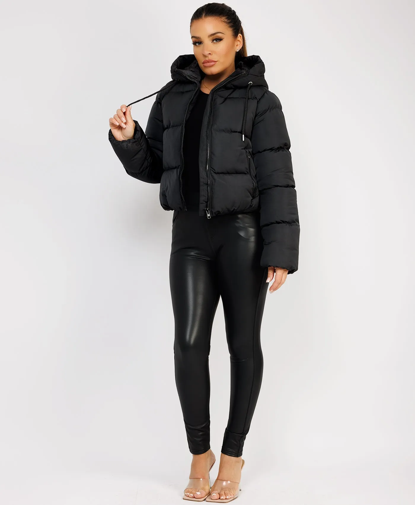 Black Alpine Quilted Padded Hooded Drawstring Puffer Jacket