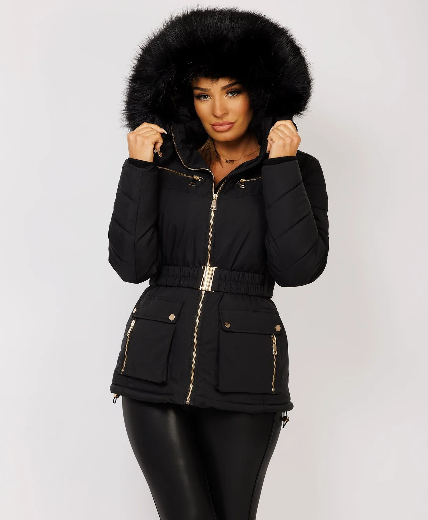 Black Faux Fur Hooded Belted Pocketed Puffer Coat