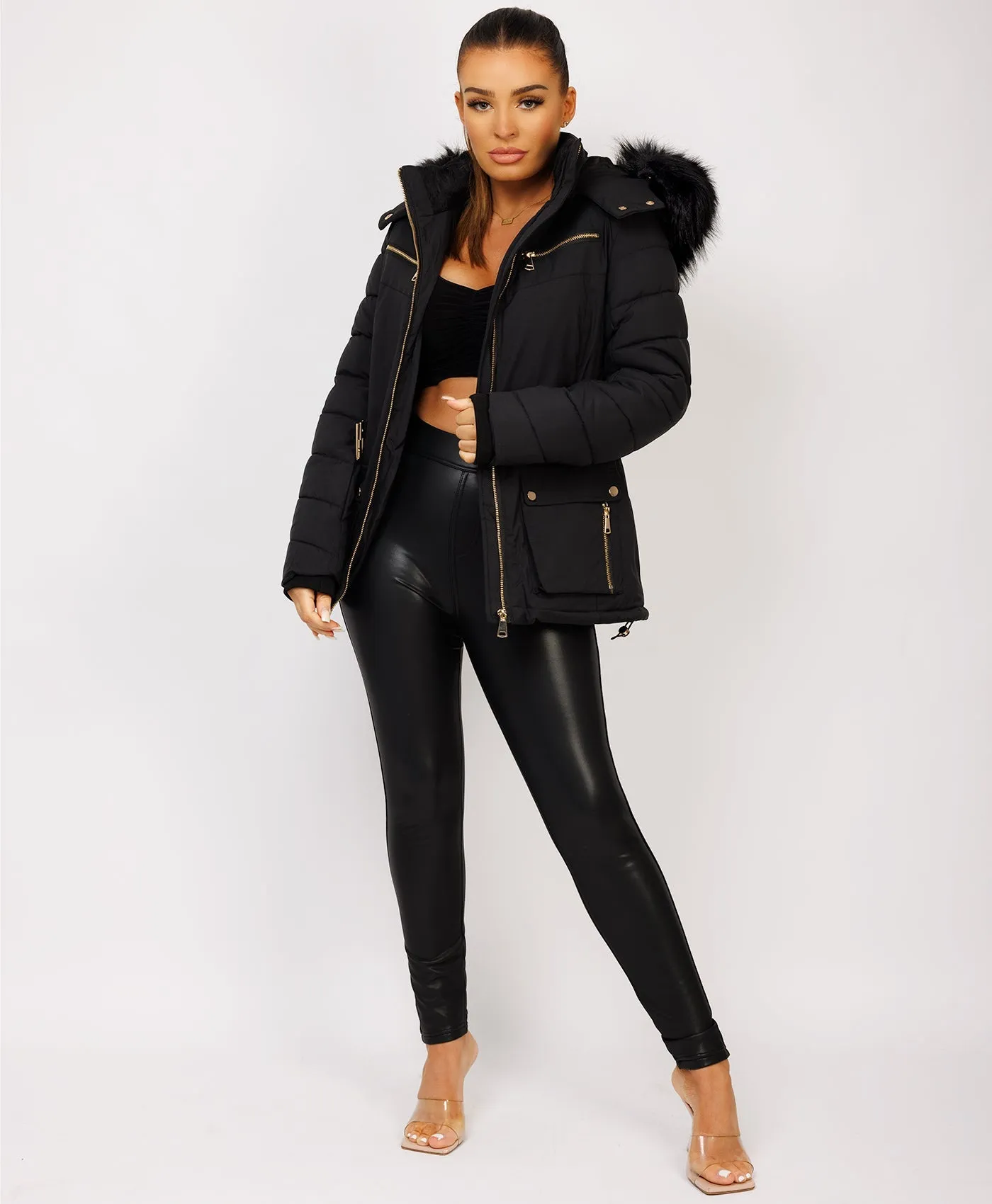 Black Faux Fur Hooded Belted Pocketed Puffer Coat