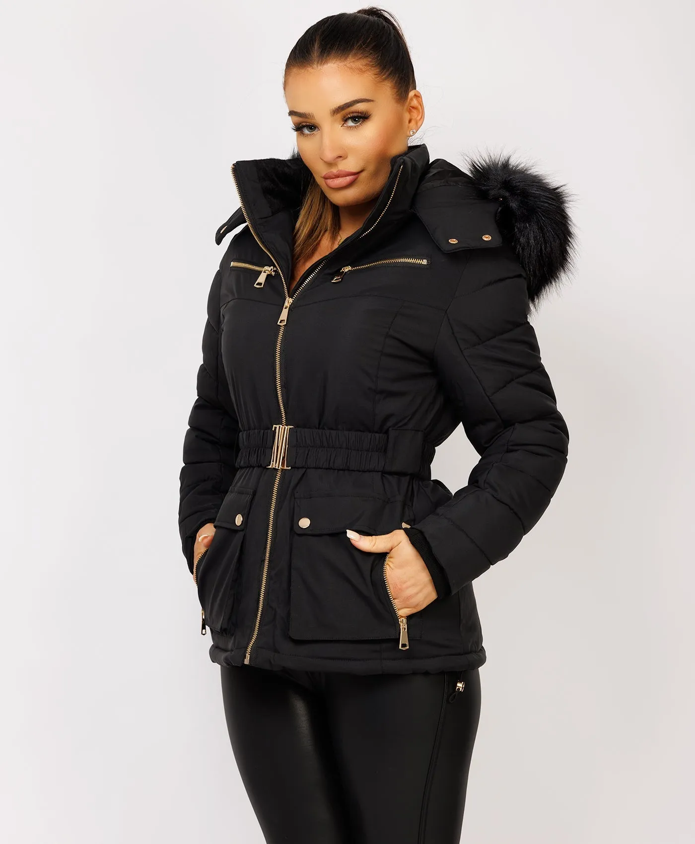 Black Faux Fur Hooded Belted Pocketed Puffer Coat