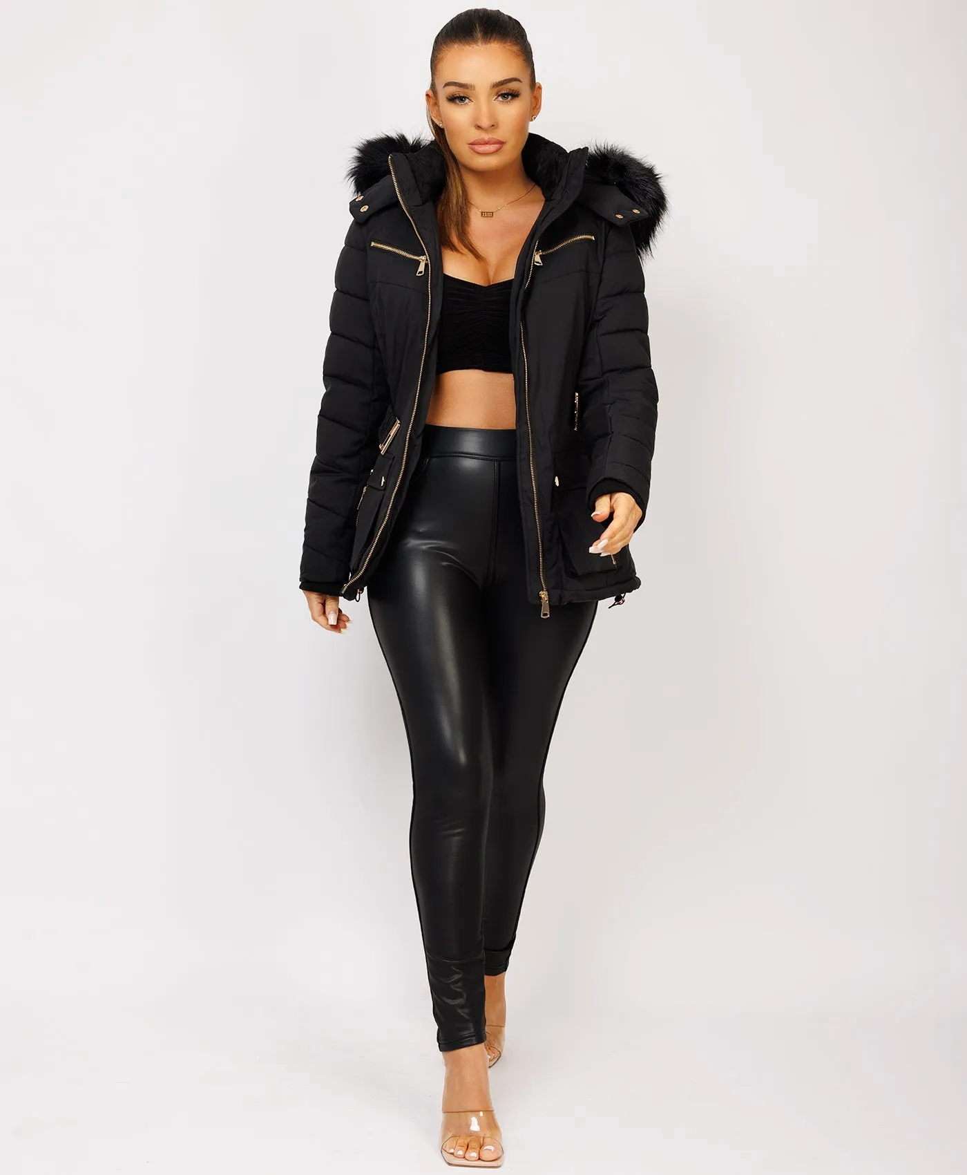 Black Faux Fur Hooded Belted Pocketed Puffer Coat