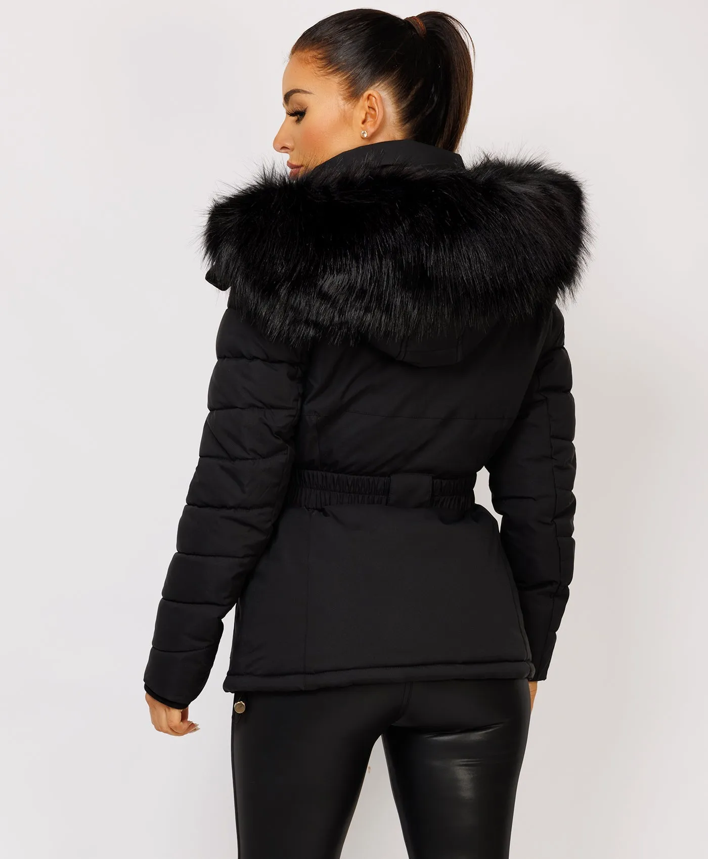 Black Faux Fur Hooded Belted Pocketed Puffer Coat