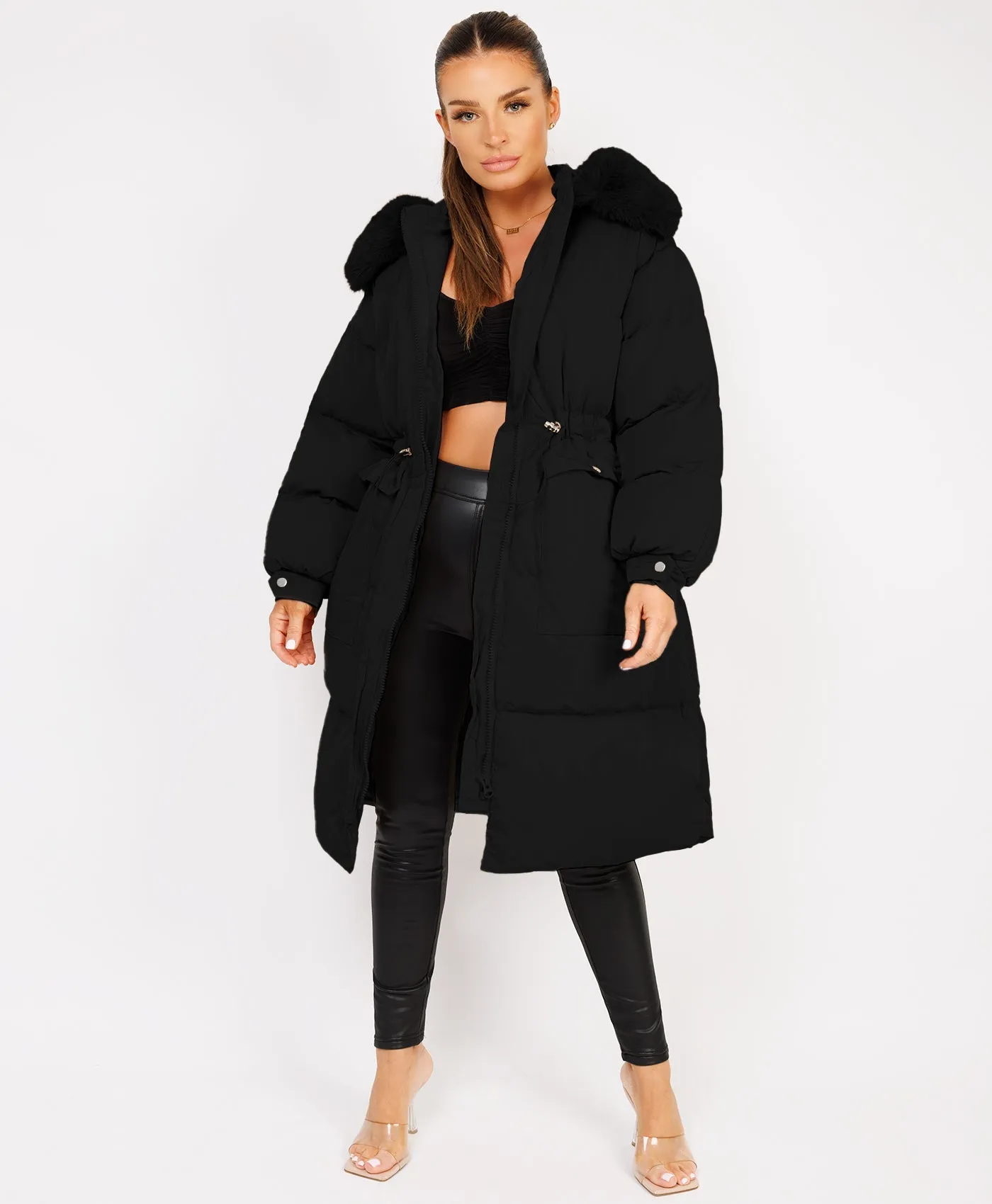 Black Fluffy Faux Fur Hood Drawstring Waist Midi Puffer Jacket