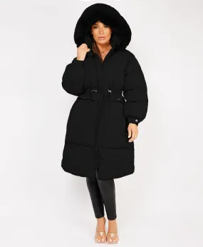 Black Fluffy Faux Fur Hood Drawstring Waist Midi Puffer Jacket