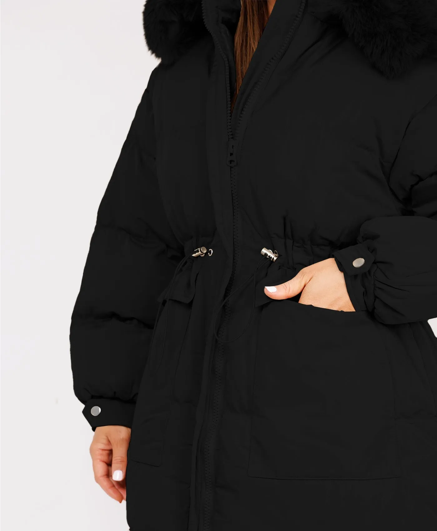 Black Fluffy Faux Fur Hood Drawstring Waist Midi Puffer Jacket