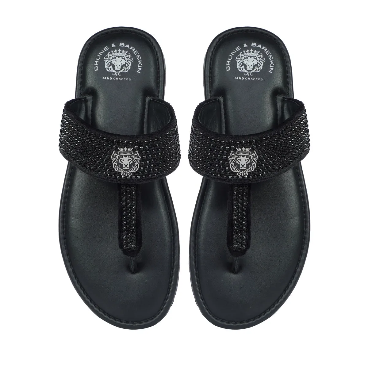 Black Leather Beads Work Slide-In Slippers For Men By Brune & Bareskin