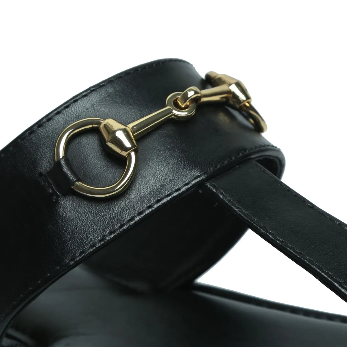 Black Leather Slippers with Horse-bit Detailing