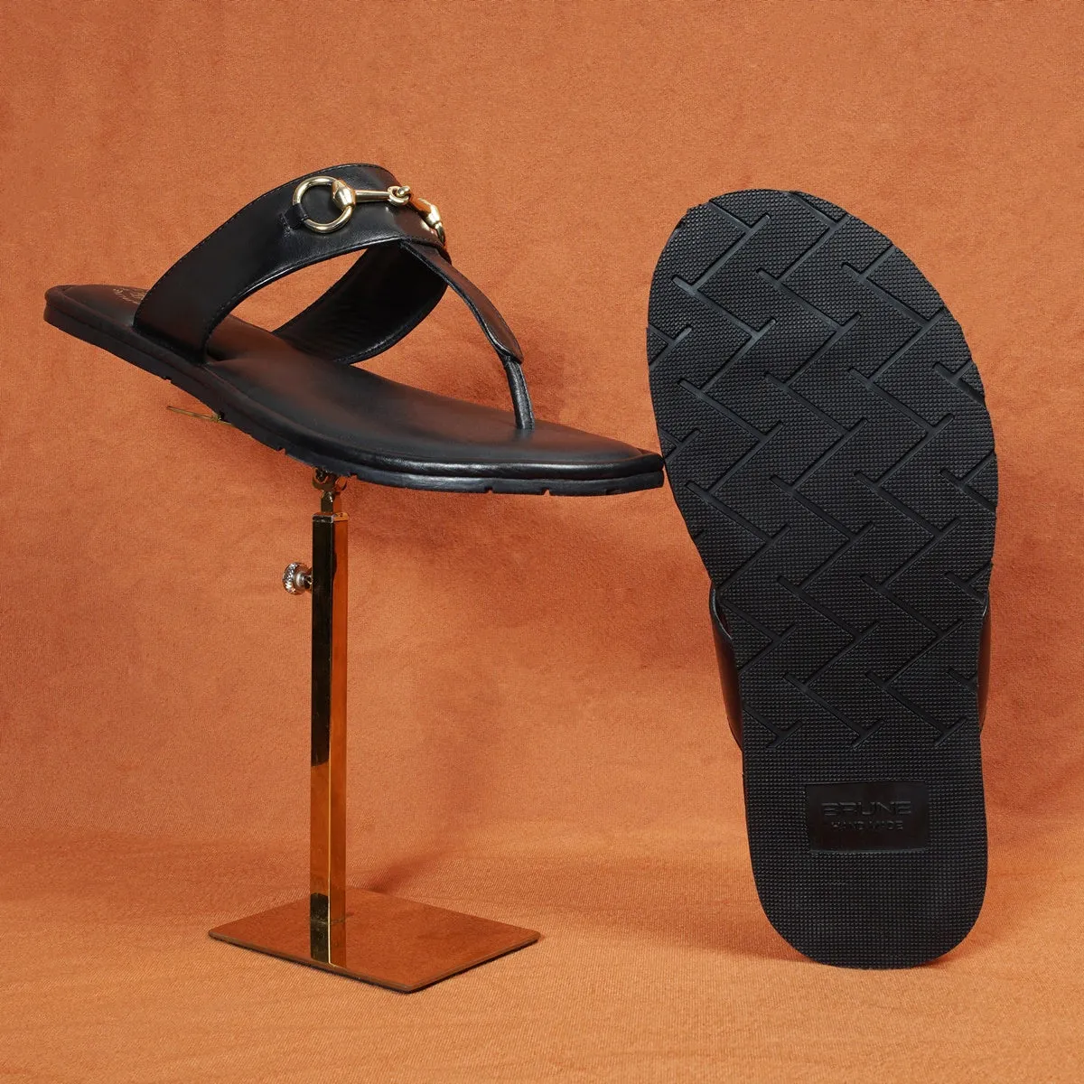 Black Leather Slippers with Horse-bit Detailing