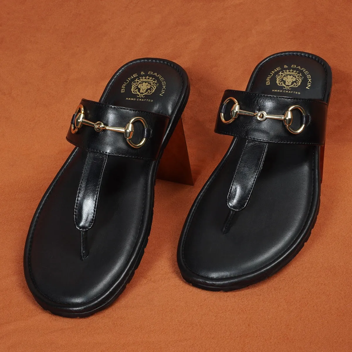 Black Leather Slippers with Horse-bit Detailing