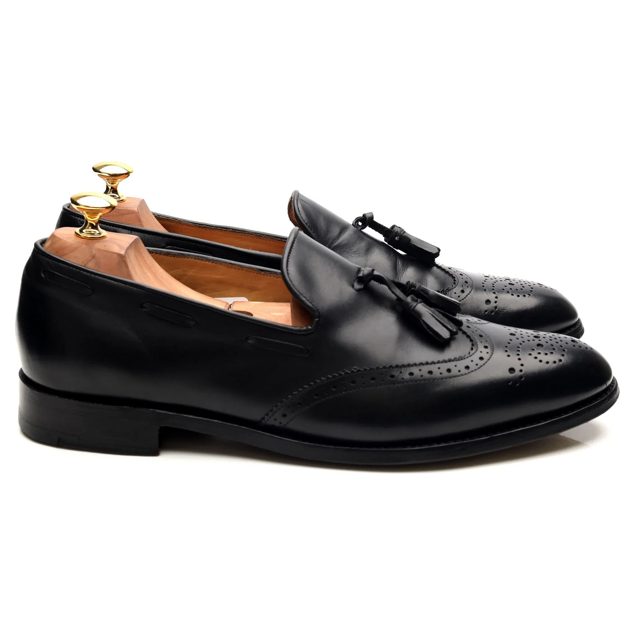 Black Leather Wing Cap Tassel Loafers UK 10 F