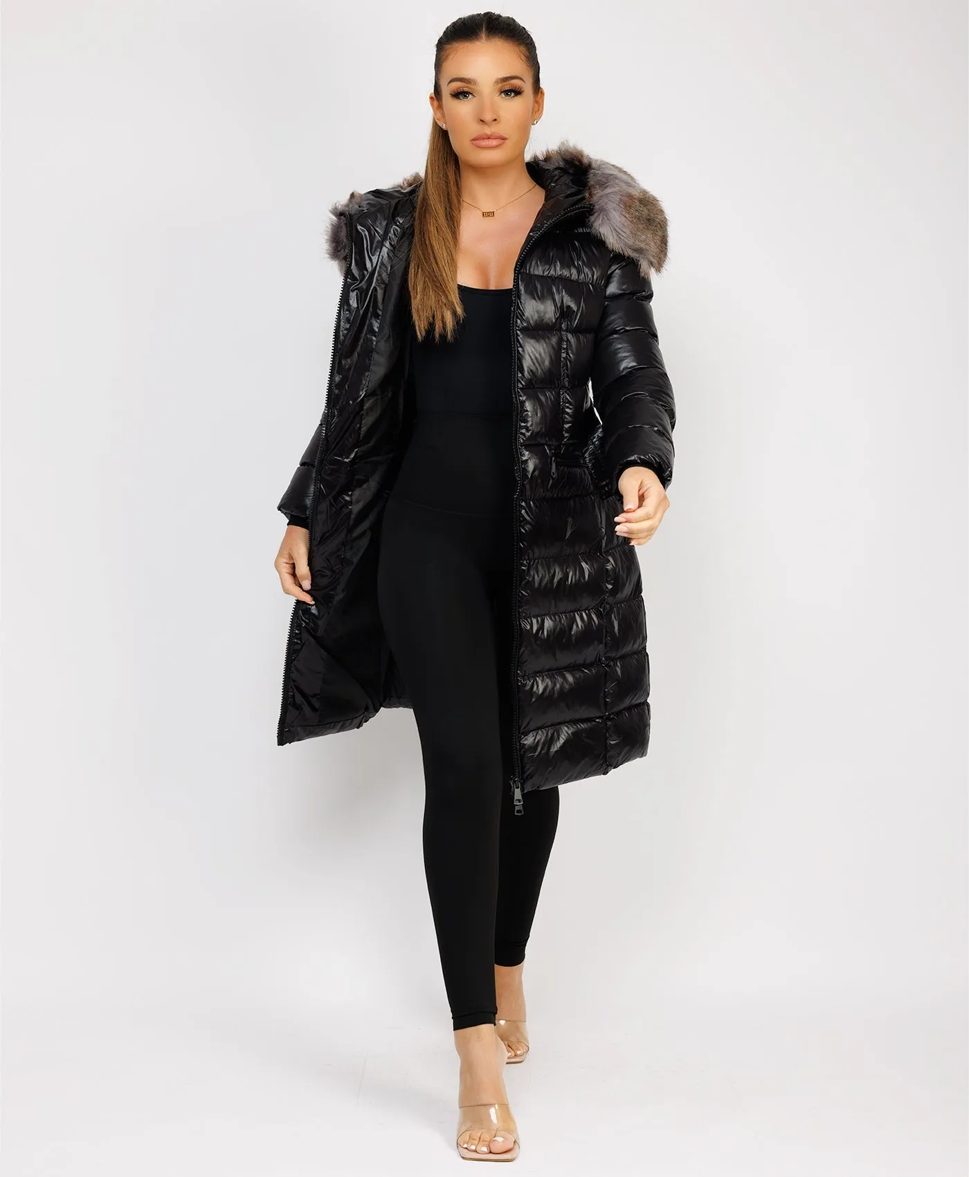 Black Long Padded Puffer Trench Coat Jacket With Faux Fur Hood & Belt