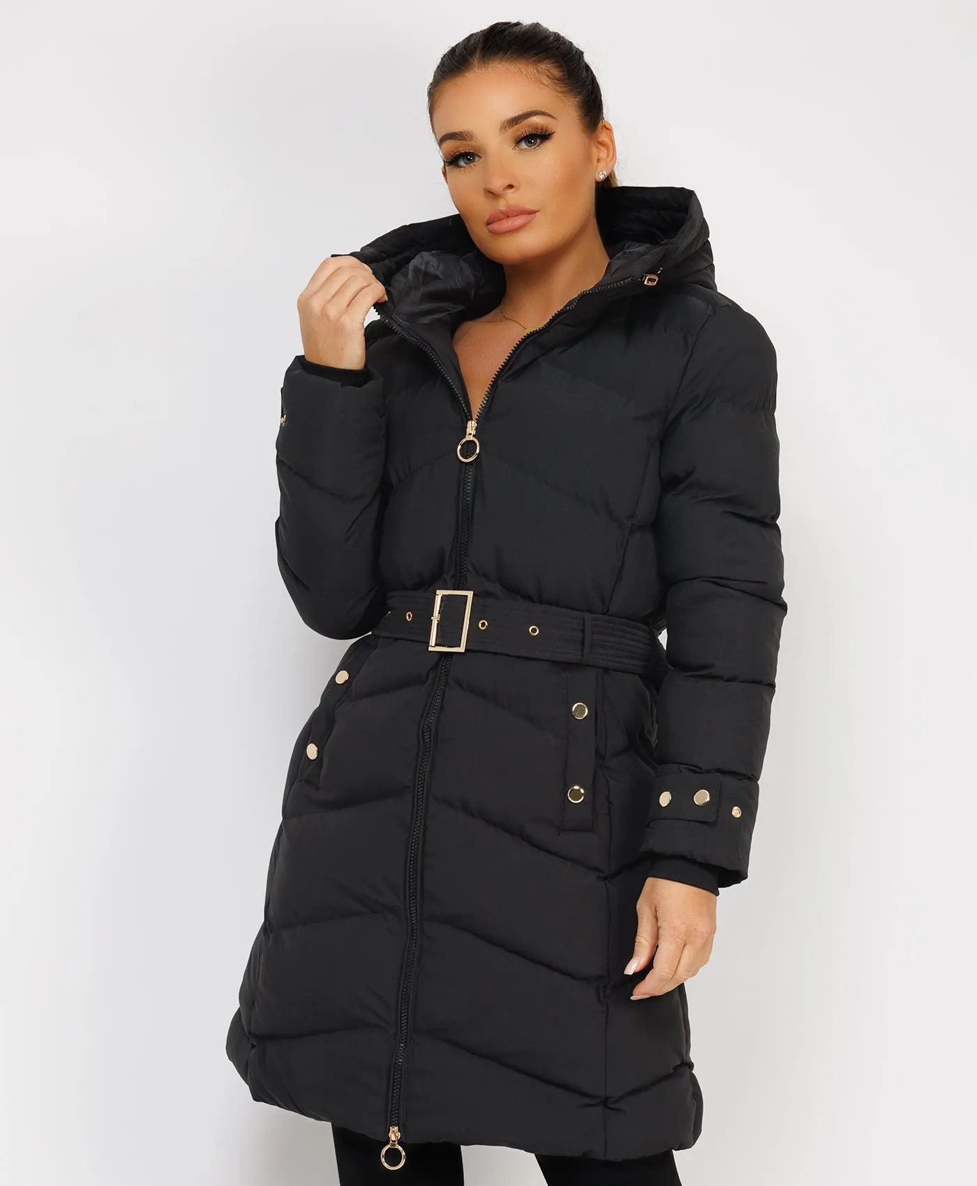 Black Long Puffer Coat With Belt And Gold Button Detail