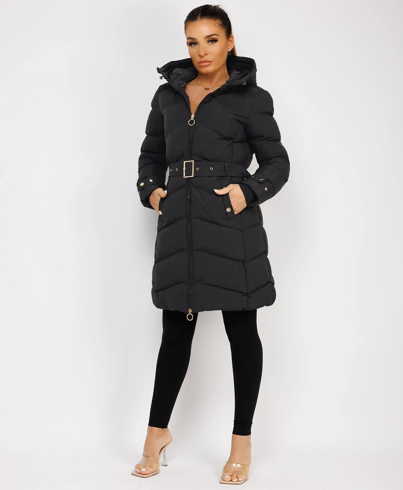 Black Long Puffer Coat With Belt And Gold Button Detail