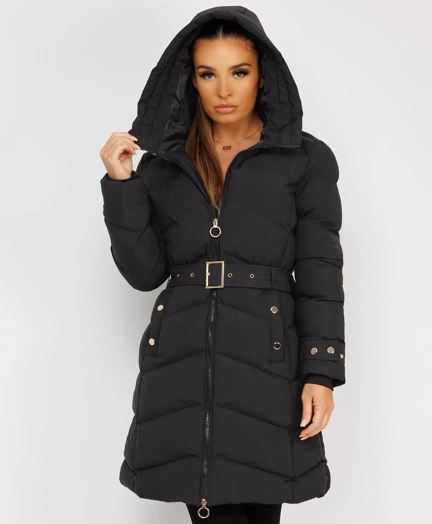 Black Long Puffer Coat With Belt And Gold Button Detail