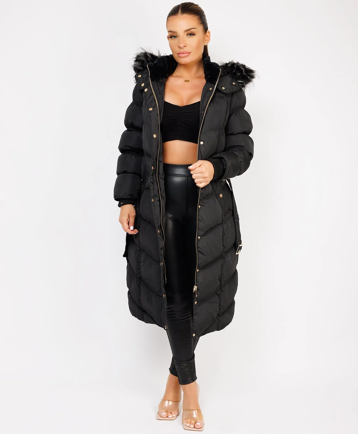 Black Longline Padded Puffer Faux Fur Hood Bubble Jacket