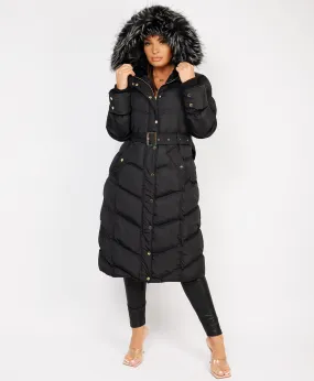 Black Longline Padded Puffer Faux Fur Hood Bubble Jacket