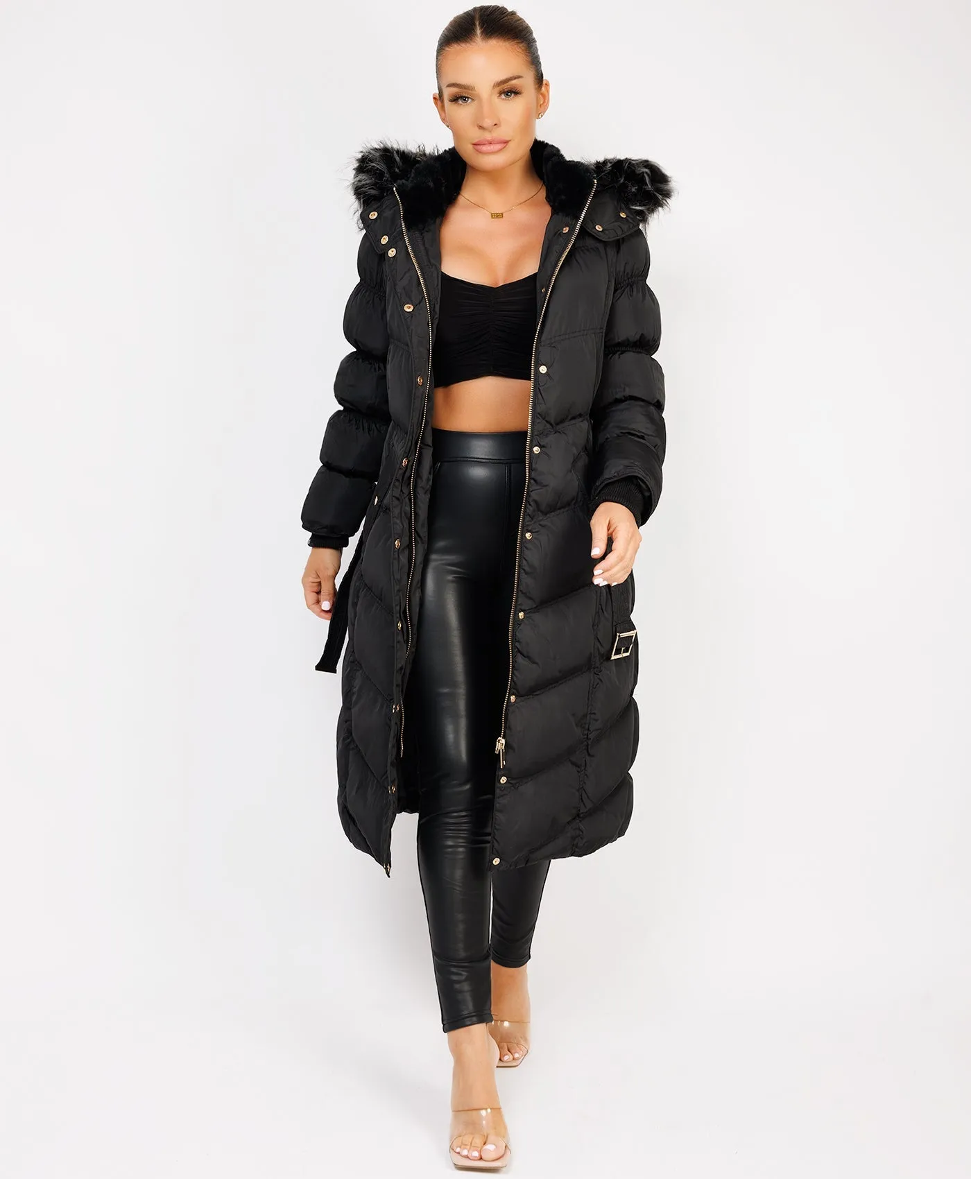 Black Longline Padded Puffer Faux Fur Hood Bubble Jacket