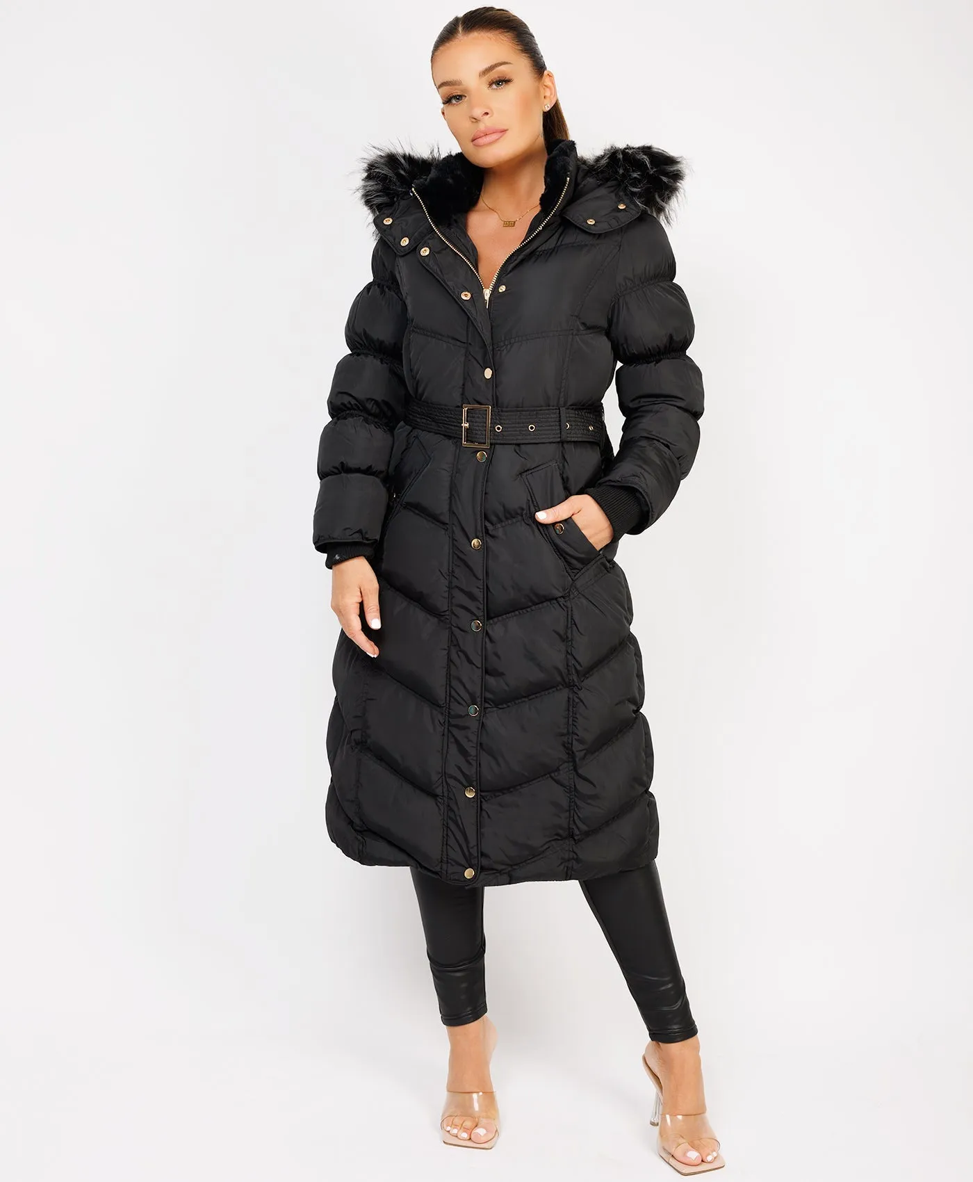 Black Longline Padded Puffer Faux Fur Hood Bubble Jacket