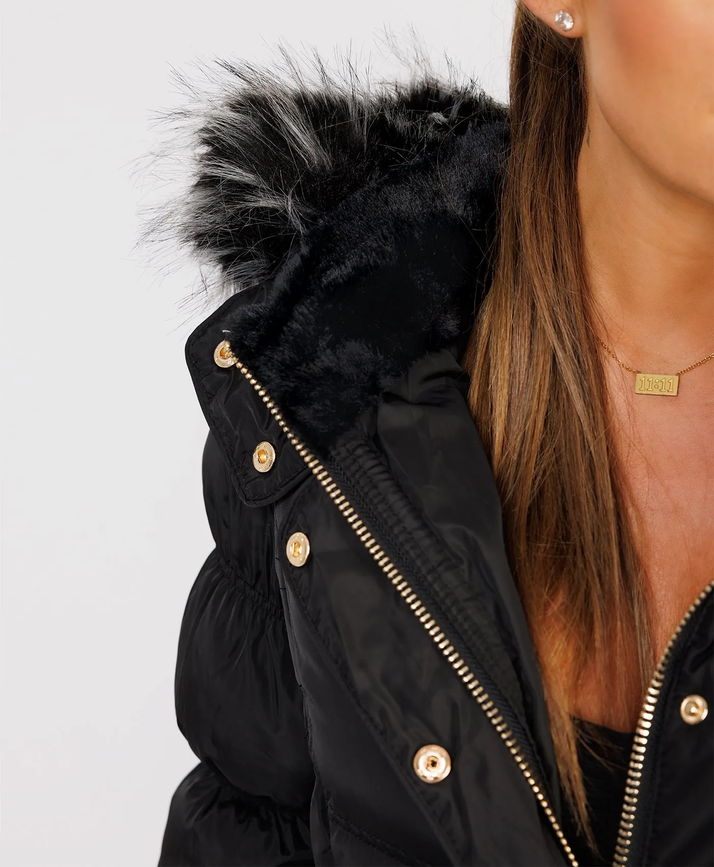 Black Longline Padded Puffer Faux Fur Hood Bubble Jacket