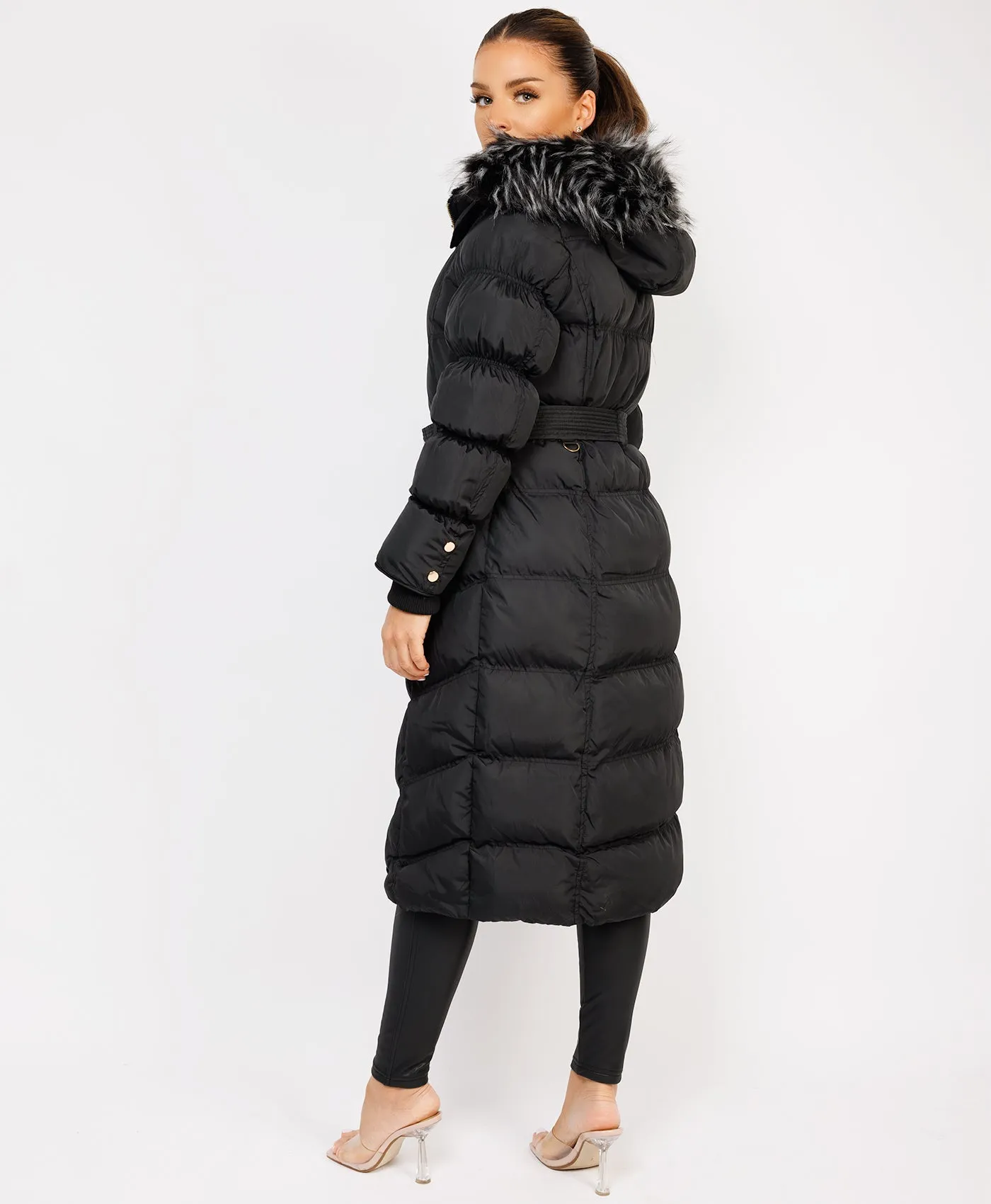 Black Longline Padded Puffer Faux Fur Hood Bubble Jacket