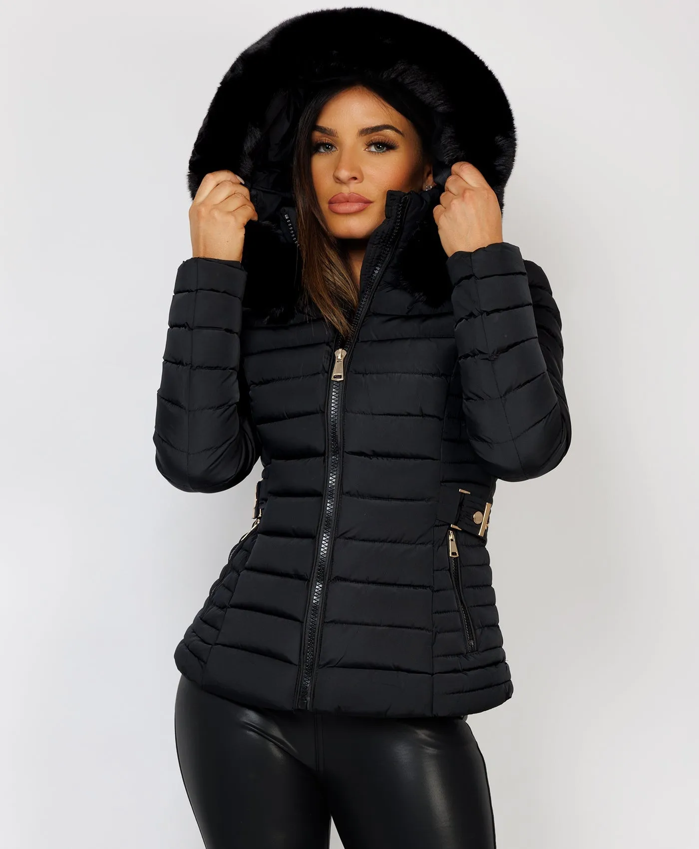 Black Luxe Quilted Faux Fur Trim Hooded Belted Puffer Coat