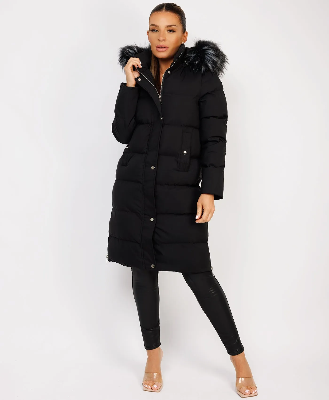 Black Maxi Faux Fur Hood Padded Puffer Jacket