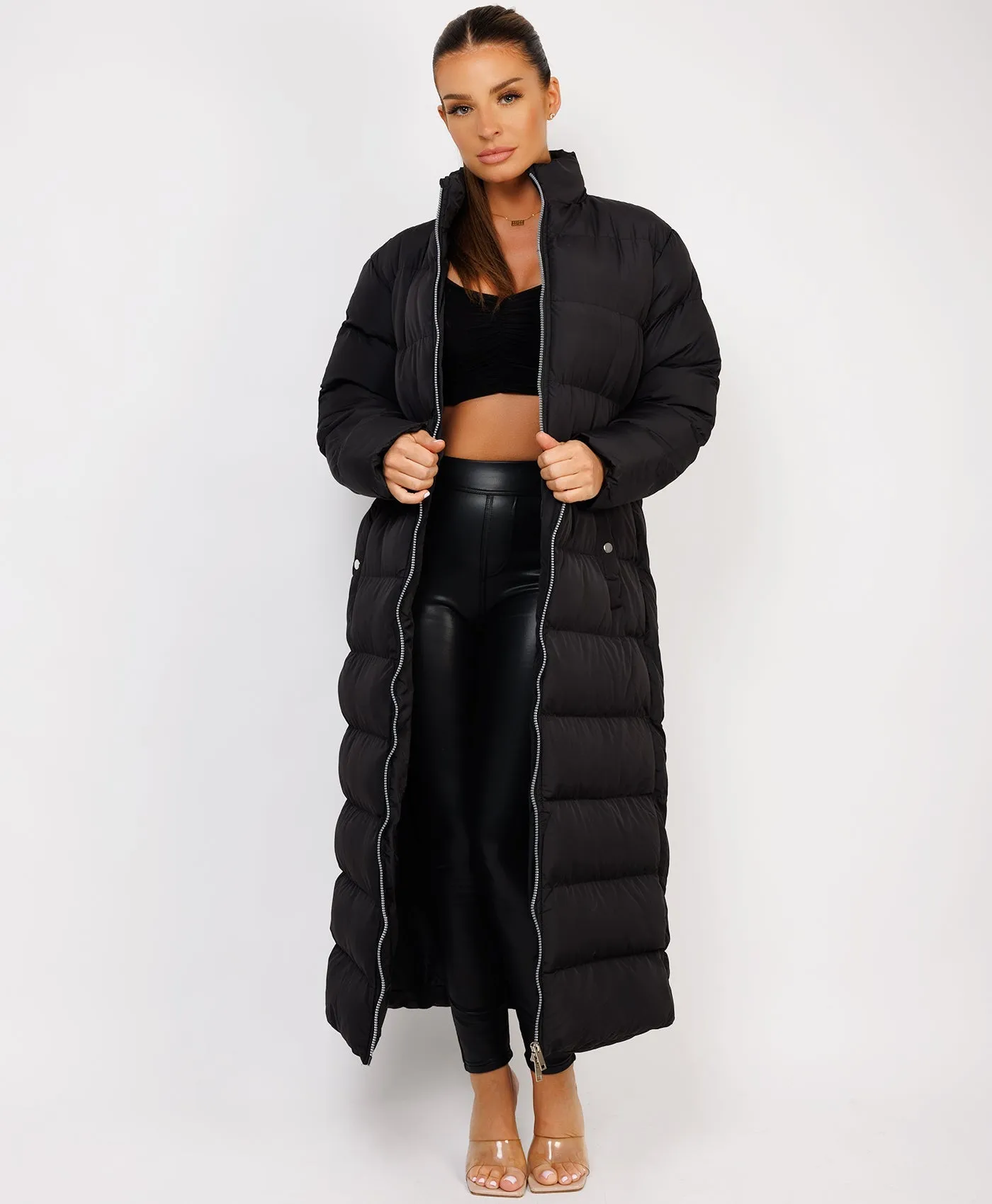 Black Maxi Quilted Zipped Long Line Stand Collar Puffer Coat