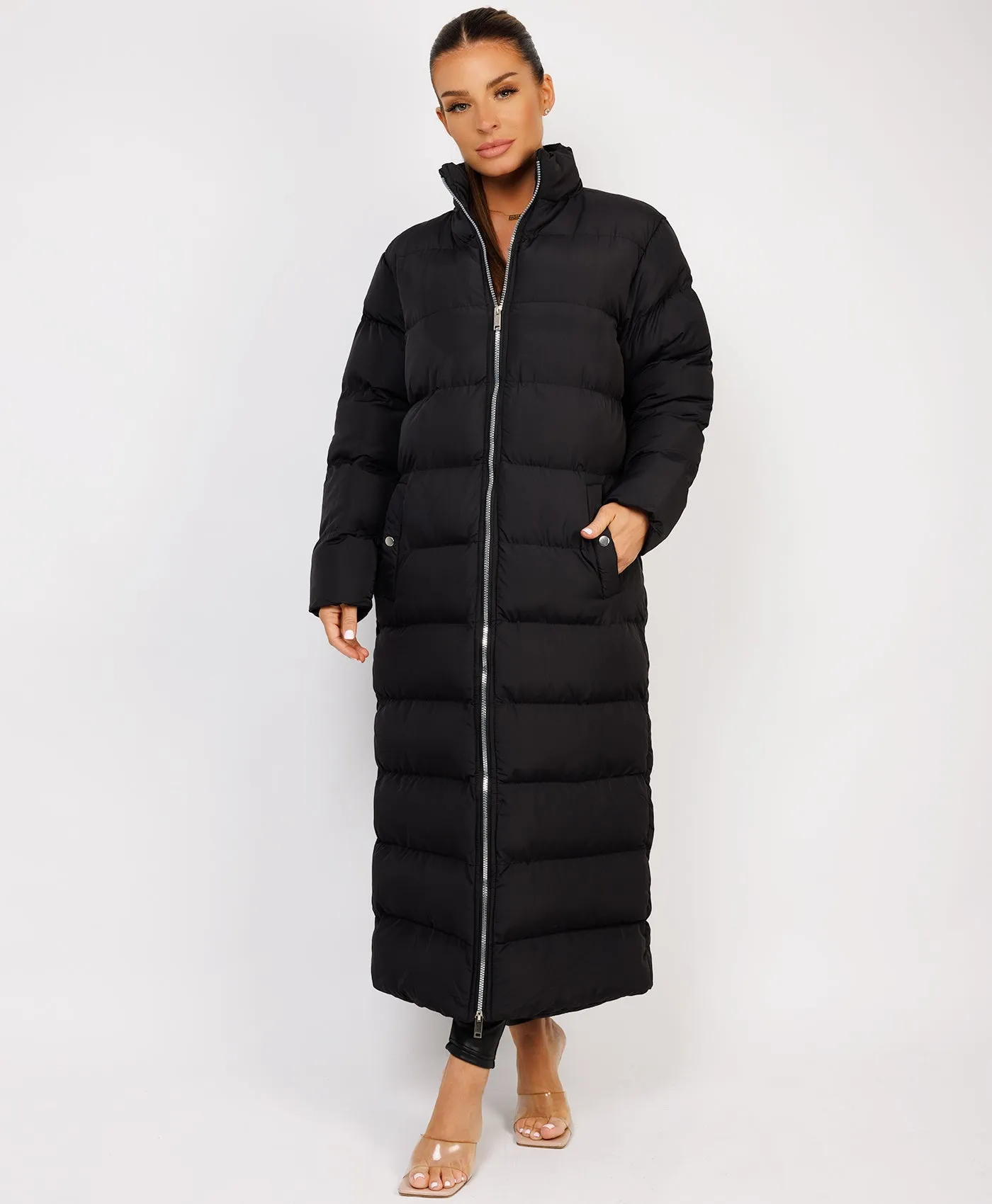 Black Maxi Quilted Zipped Long Line Stand Collar Puffer Coat