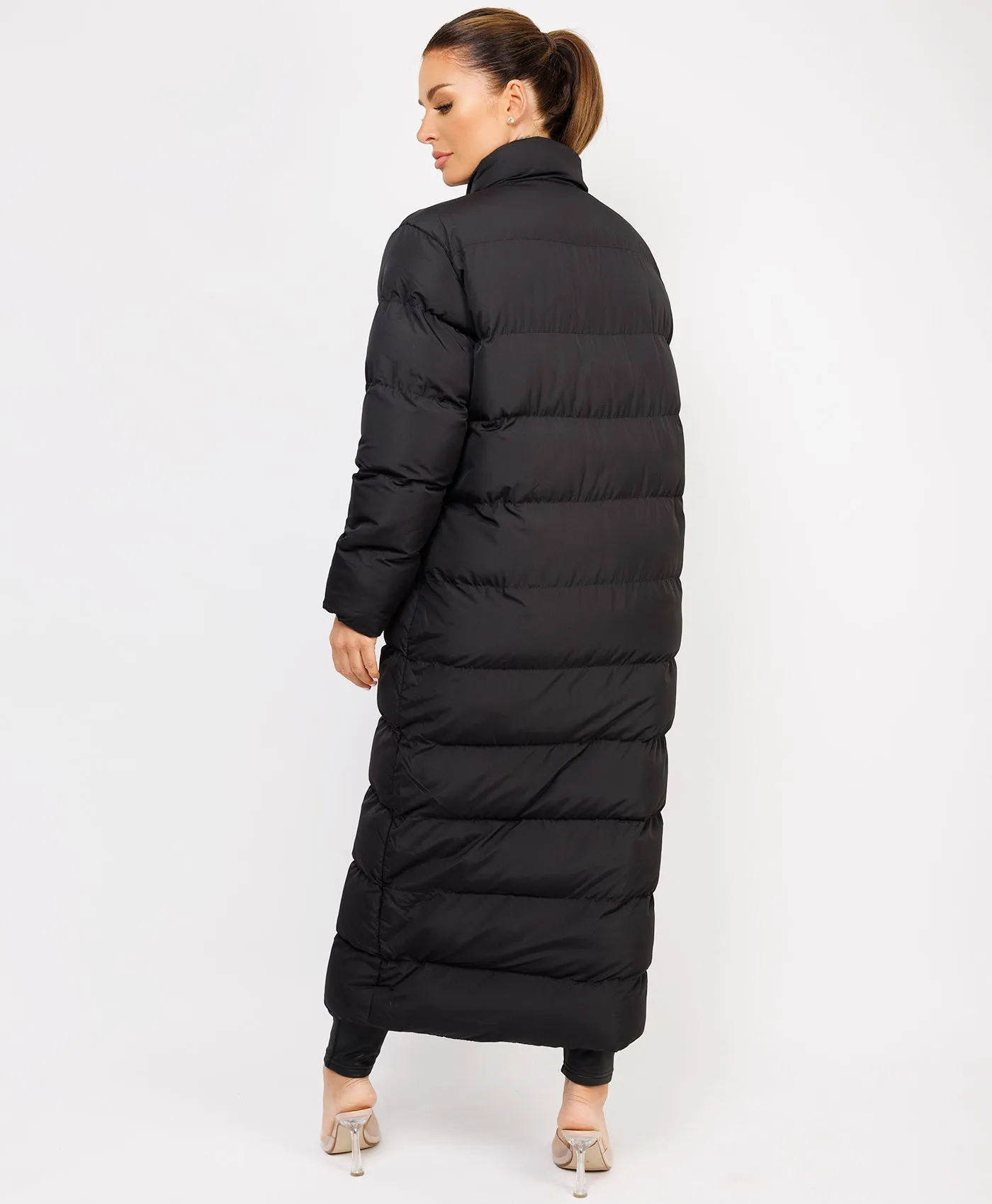 Black Maxi Quilted Zipped Long Line Stand Collar Puffer Coat