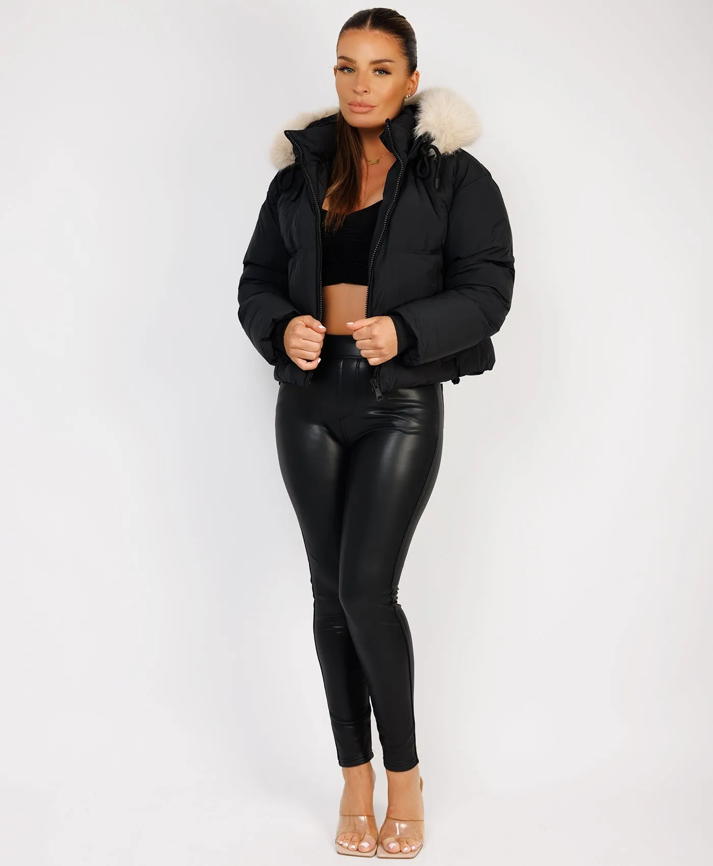 Black Padded Puffer Chunky Faux Fur Hood Drawstring Jacket