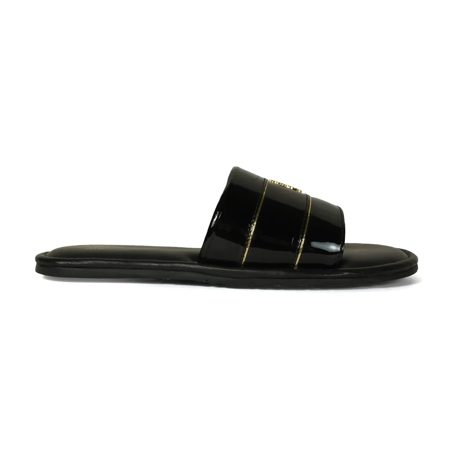 Black Patent Leather Slide-In-Slippers with Signature Metal Lion