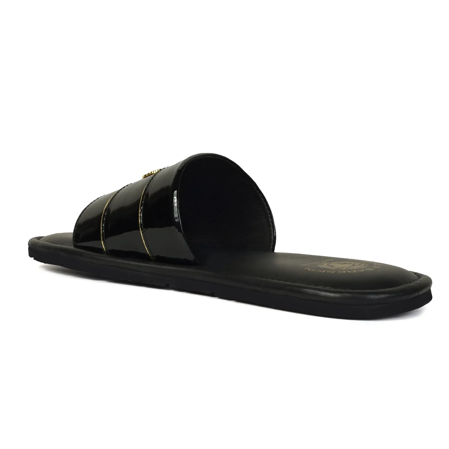 Black Patent Leather Slide-In-Slippers with Signature Metal Lion