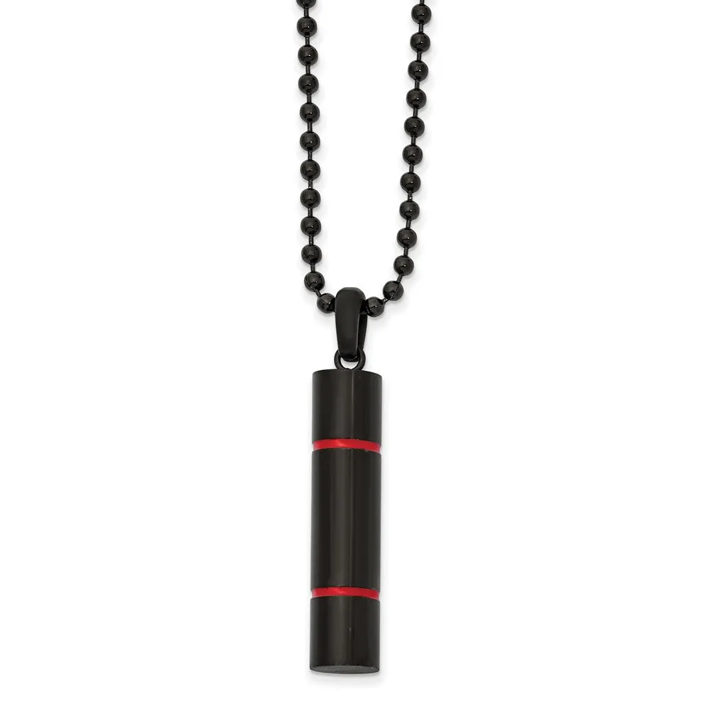 Black Plated Stainless Steel & Red Enamel Cylinder Necklace, 22 Inch