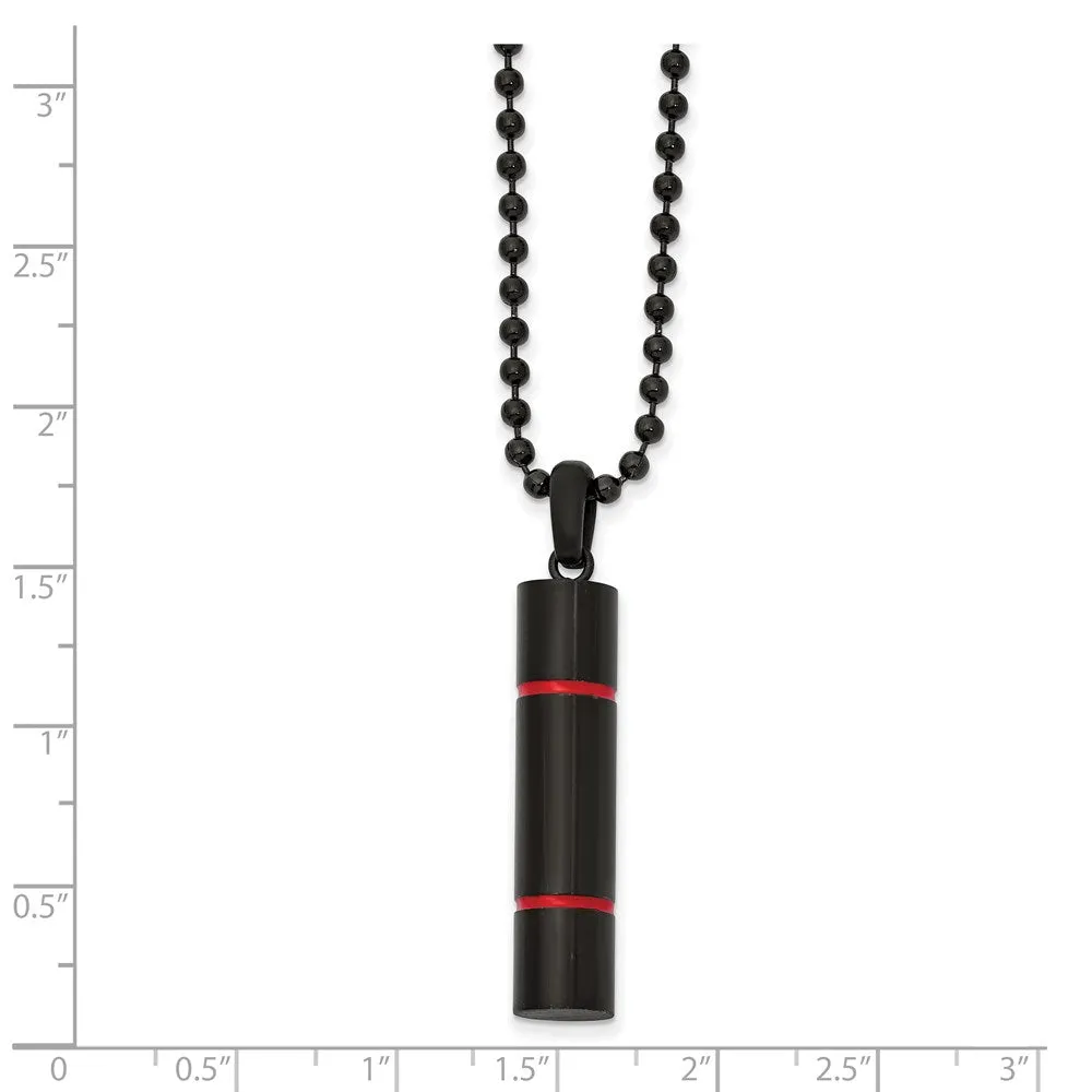 Black Plated Stainless Steel & Red Enamel Cylinder Necklace, 22 Inch