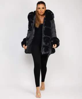 Black Puffer Padded Jacket With Faux Fur Hood Cuff And Trim