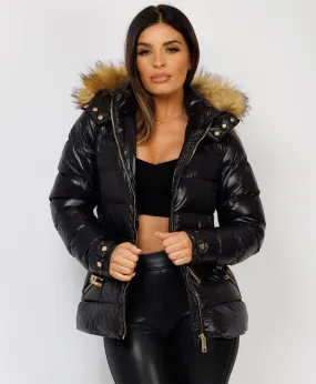 Black Shiny Puffer Waist Belted Faux Fur Hood Jacket