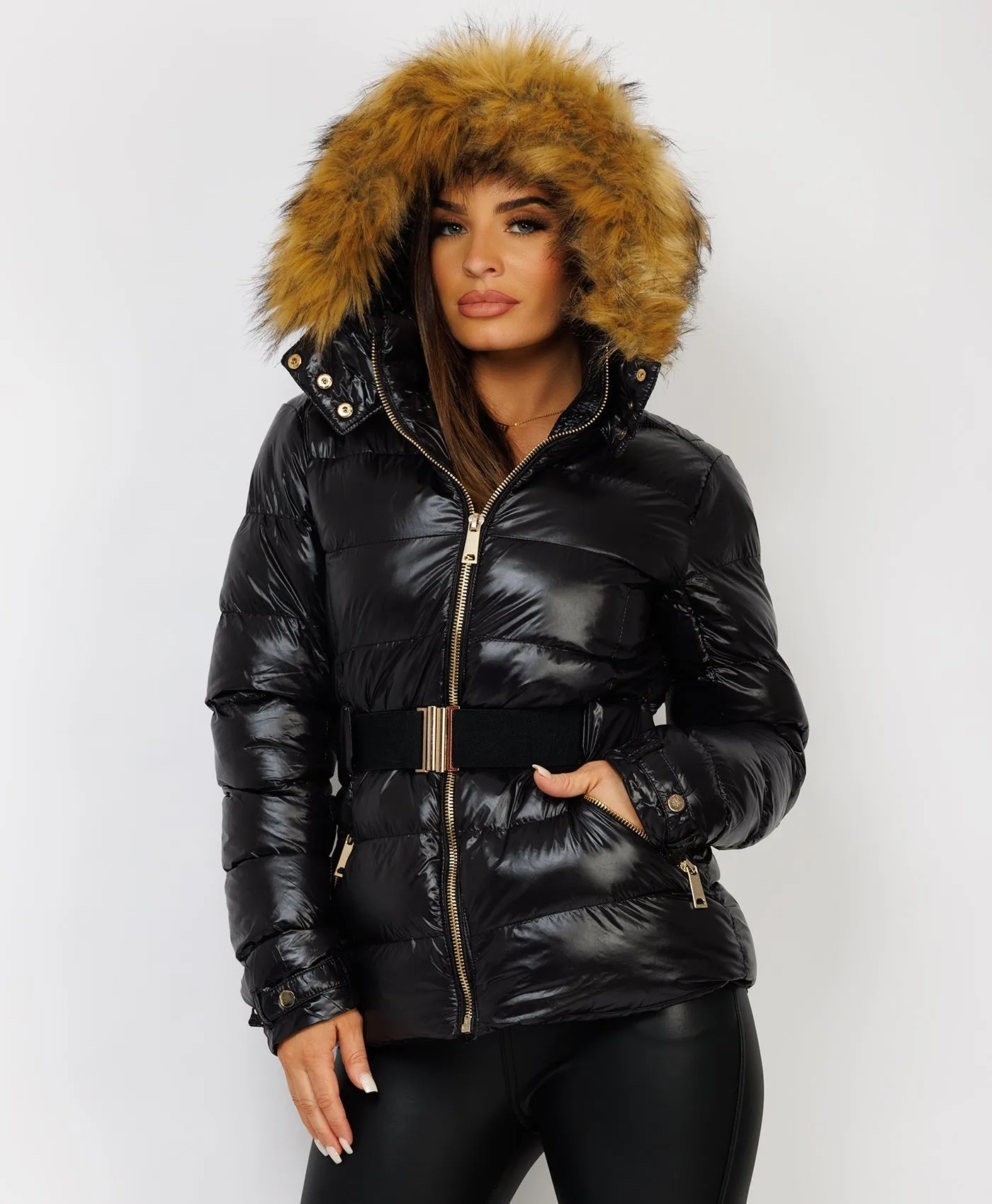 Black Shiny Puffer Waist Belted Faux Fur Hood Jacket