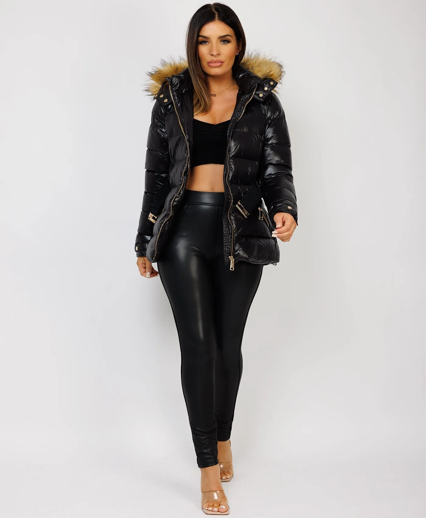 Black Shiny Puffer Waist Belted Faux Fur Hood Jacket