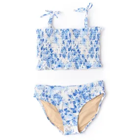 Blue hibiscus rose Smocked bikini