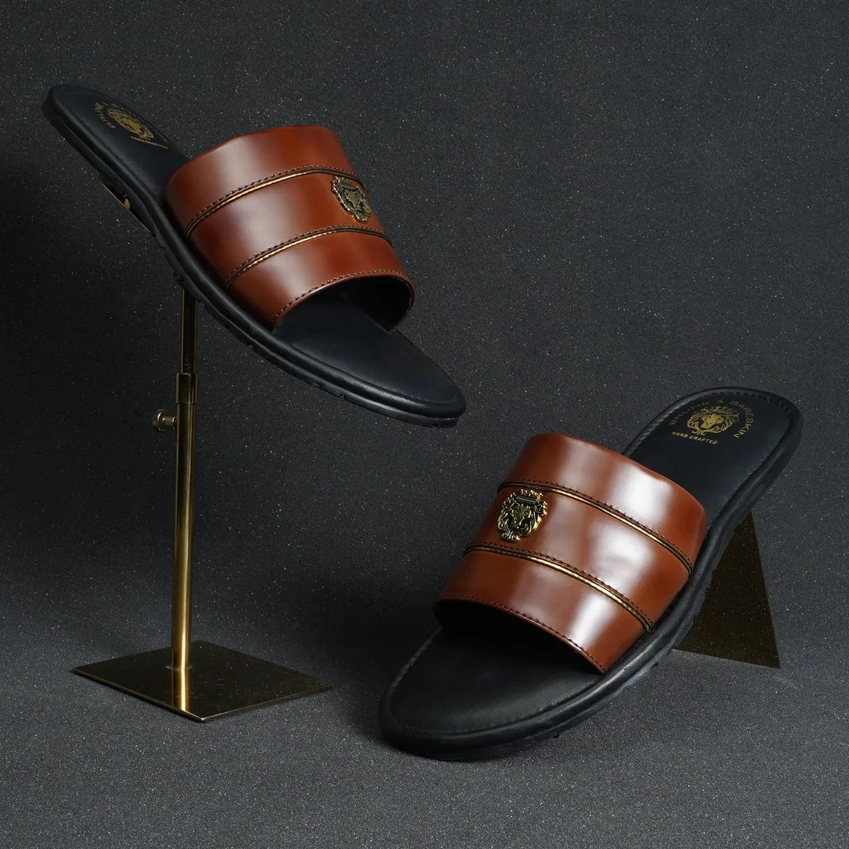 Brown Brush Off Leather Slide-In Slippers with Signature Metal Lion