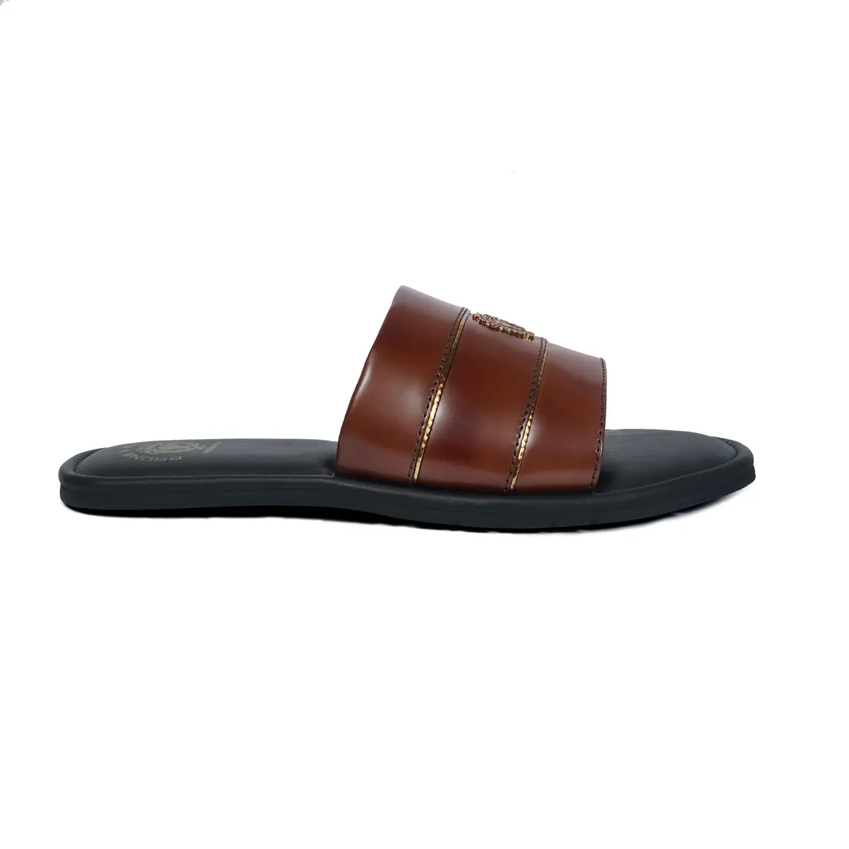 Brown Brush Off Leather Slide-In Slippers with Signature Metal Lion