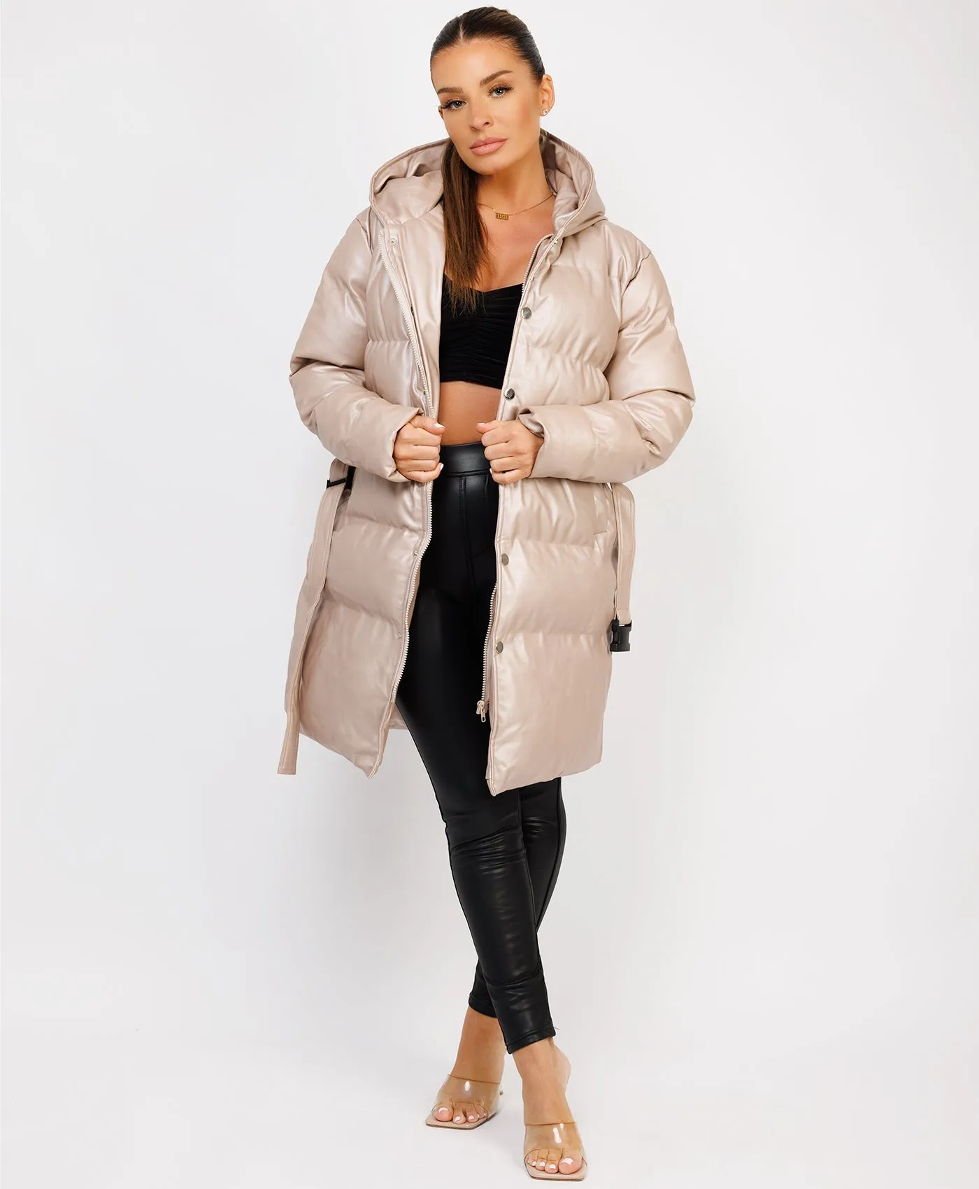 Champagne Vegan Leather Padded Belted Puffer Trench Coat