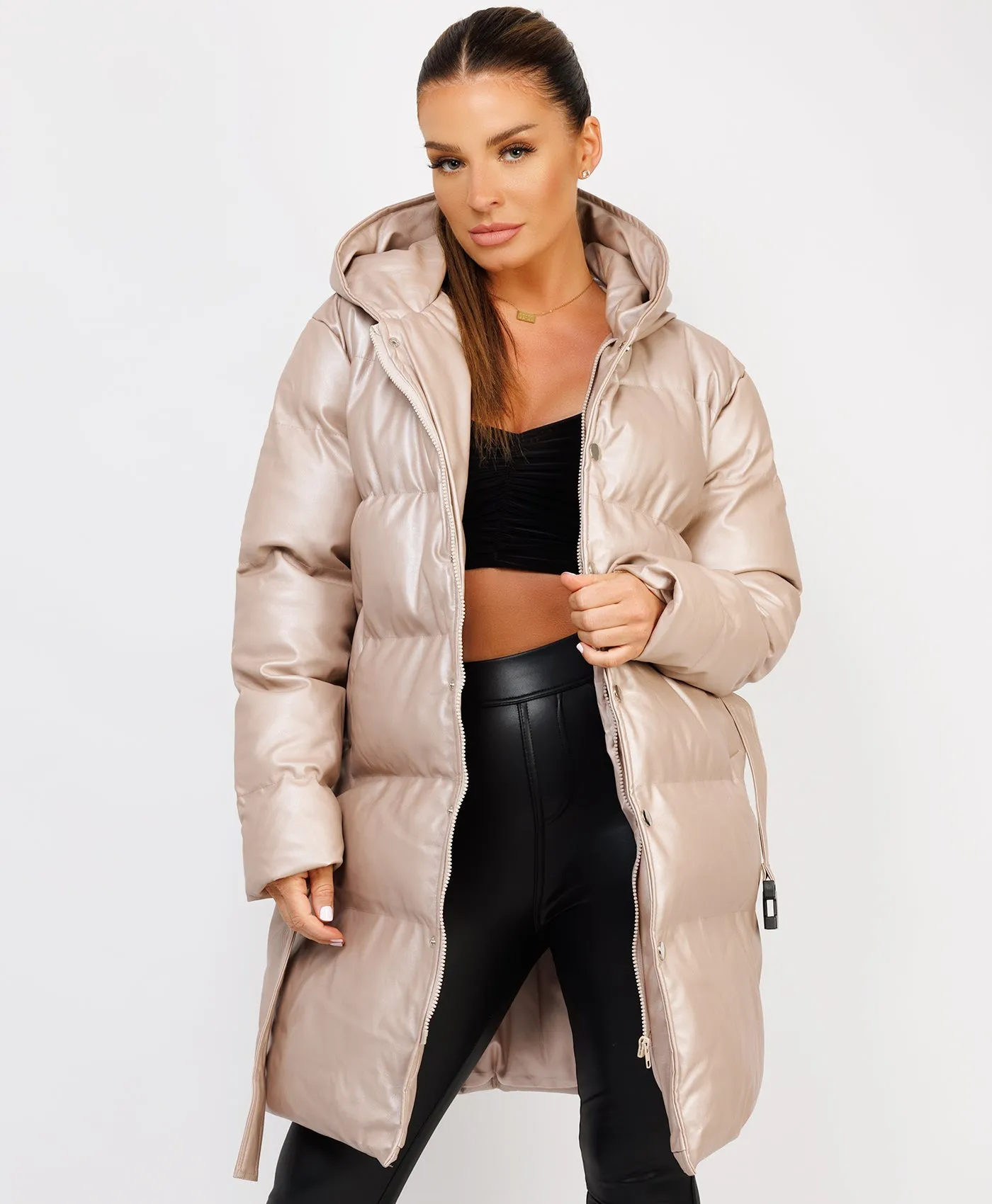 Champagne Vegan Leather Padded Belted Puffer Trench Coat