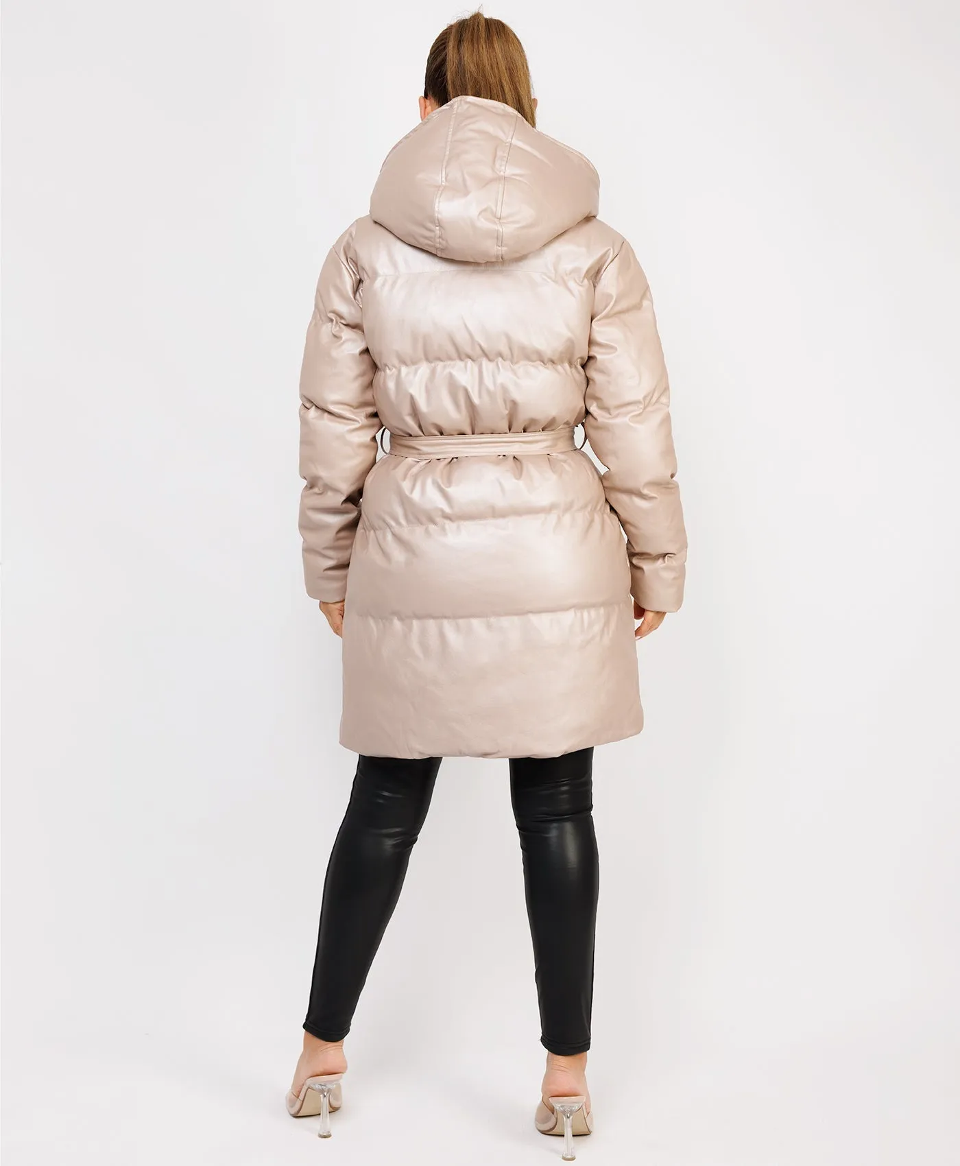 Champagne Vegan Leather Padded Belted Puffer Trench Coat