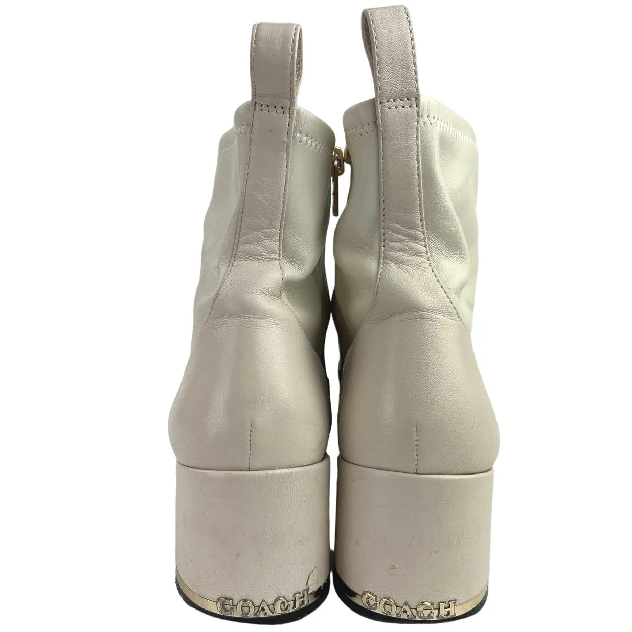 Coach Nala Chalk White Leather Zip Up Block Heel Western Ankle Boots Booties 10