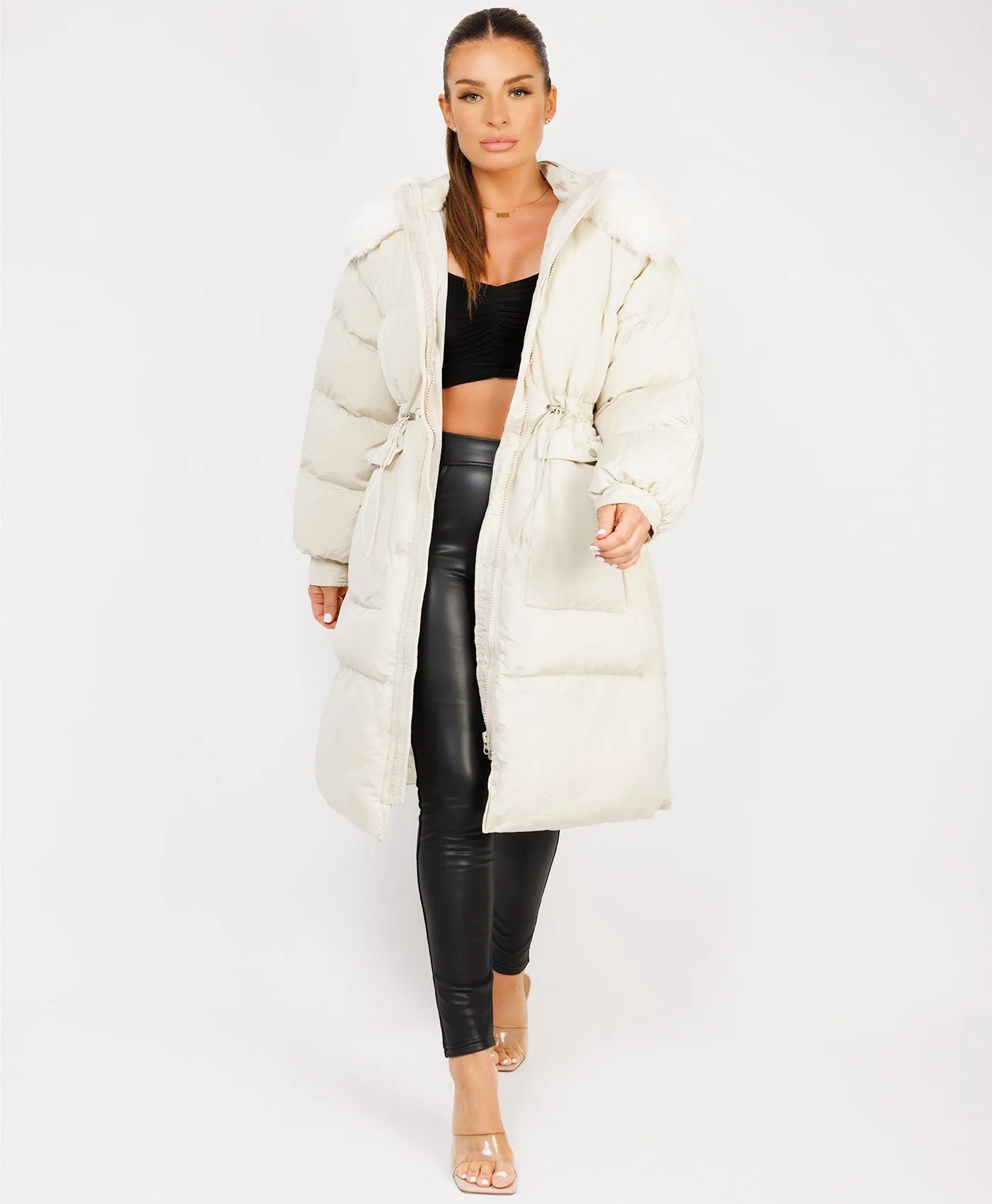 Cream Fluffy Faux Fur Hood Drawstring Waist Midi Puffer Jacket