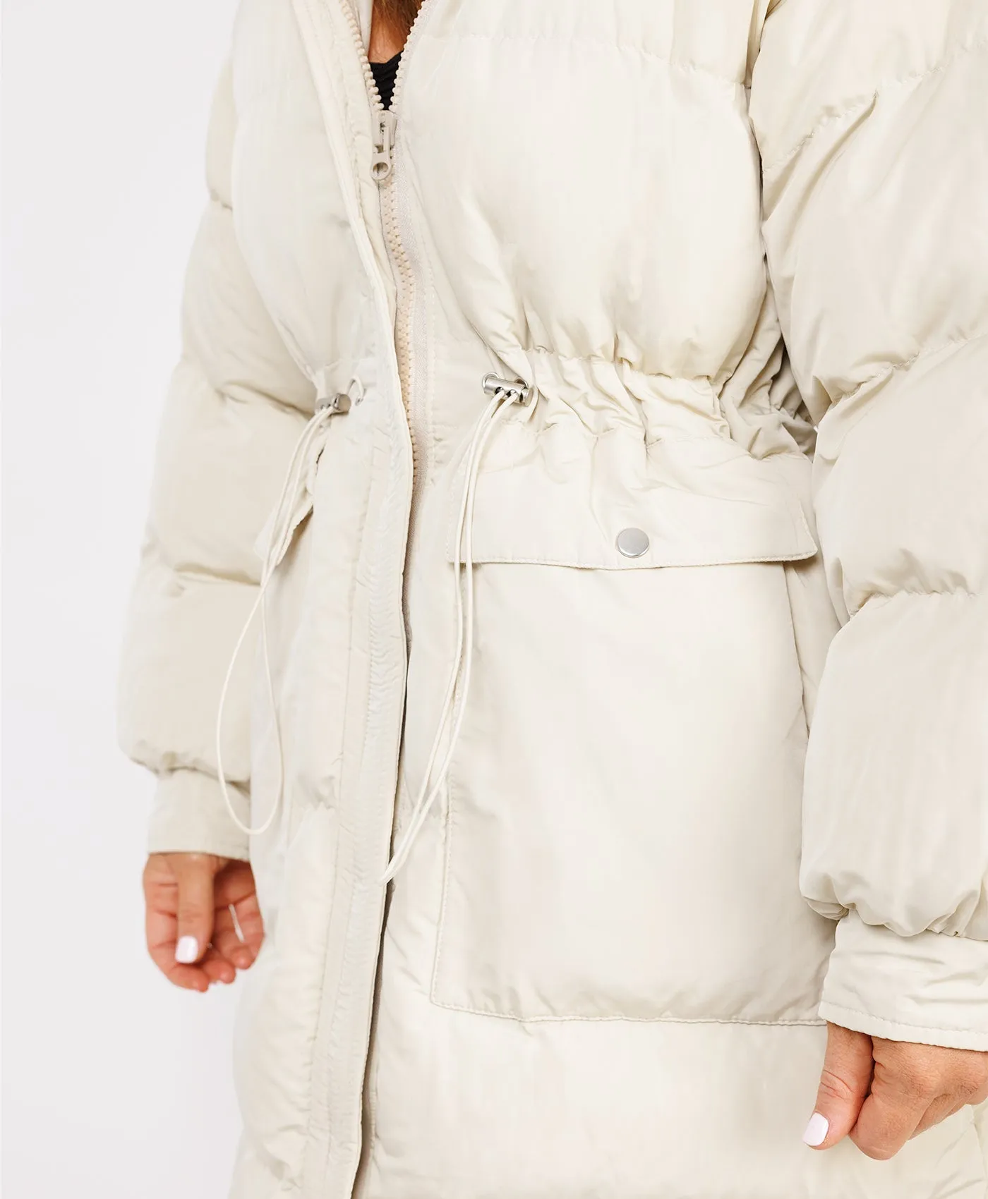 Cream Fluffy Faux Fur Hood Drawstring Waist Midi Puffer Jacket