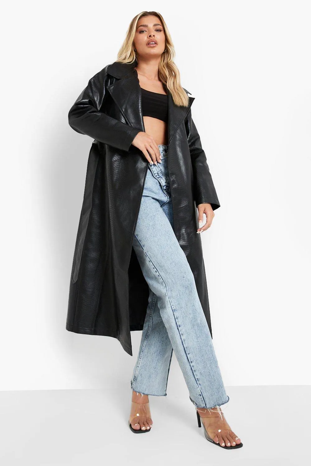 Croc Faux Leather Longline Trench Coat