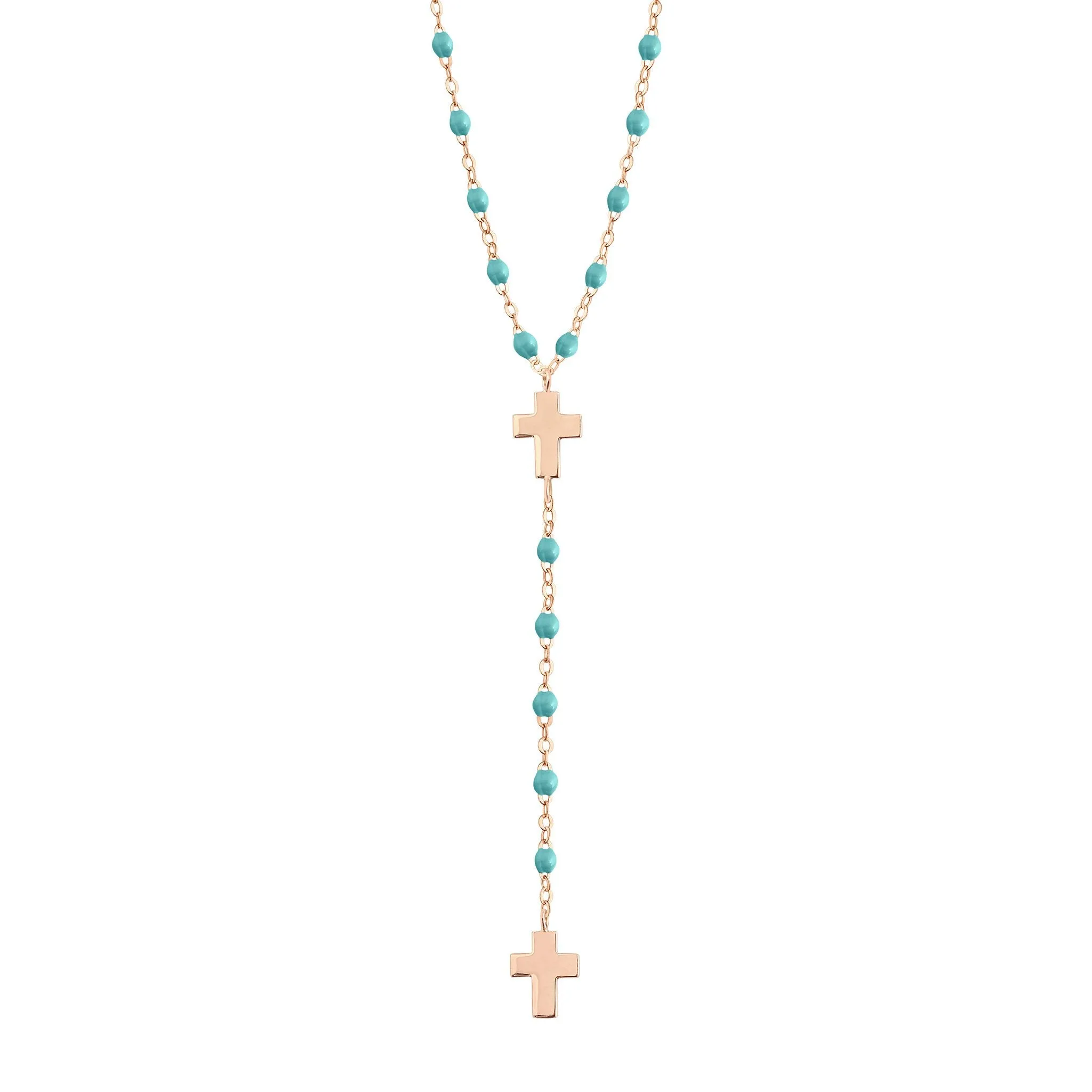 Cross Charm Classic Gigi Turquoise Green rosary, Rose Gold, 16.5